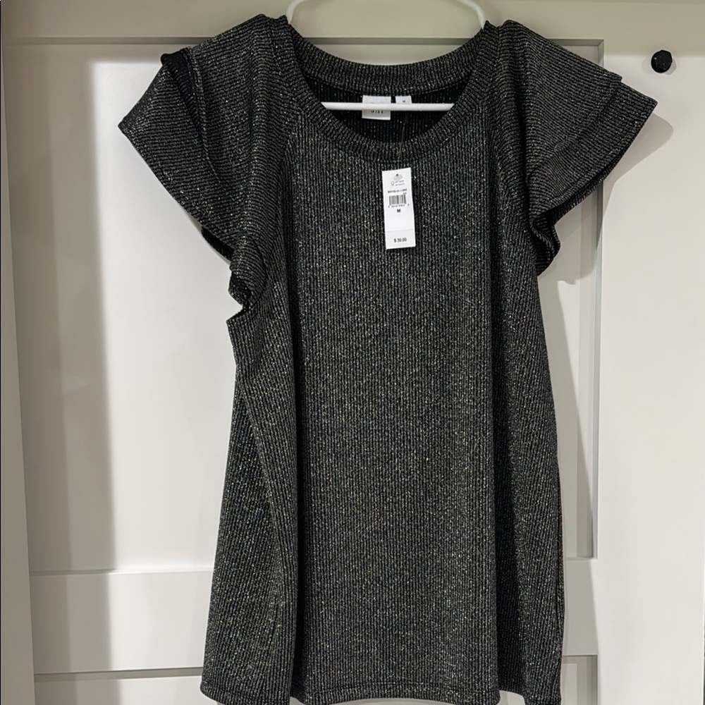 GAP Black Metallic Flutter Sleeve Ruffled Tee